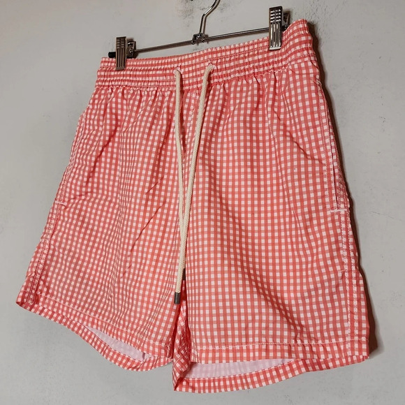 Solid & Striped classic coral Orange/White gingham swim trunks. Men's size small - Picture 9 of 15